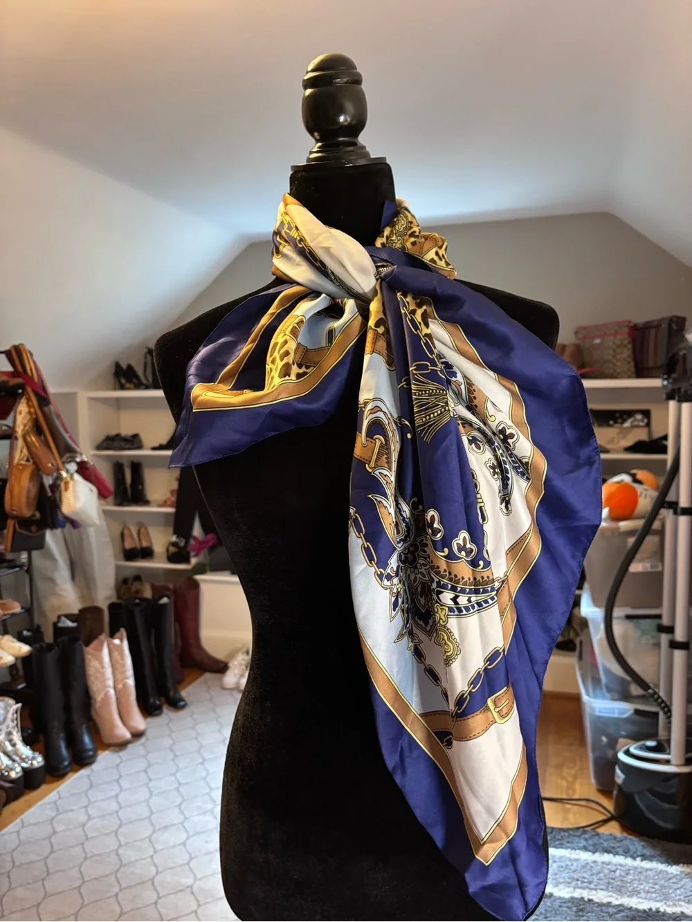 Vintage Italian Equestrian Leopard Paisley Square Scarf – Navy & Gold